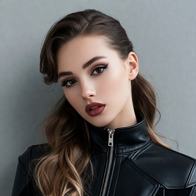 Woman in black leather jacket