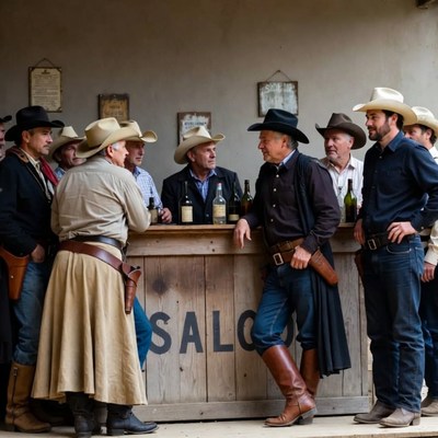 Cowboys gathered at saloon bar