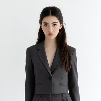 Young woman in gray blazer suit