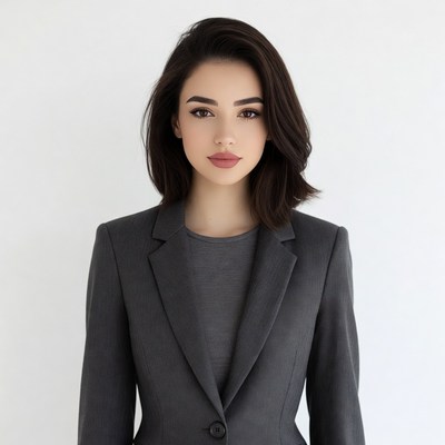 Young woman in gray blazer