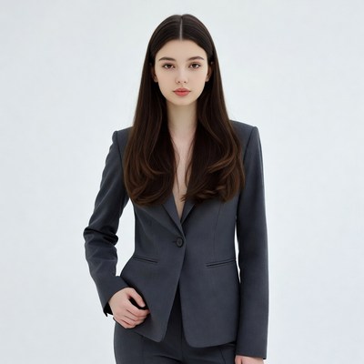 Young woman in gray blazer suit
