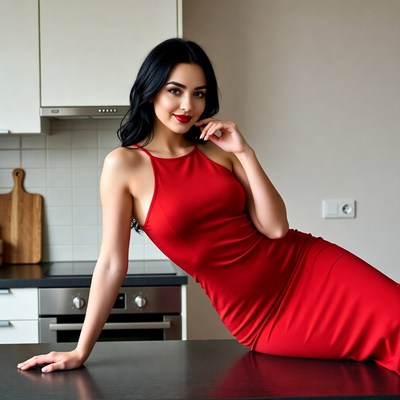 Woman in red dress on kitchen counter