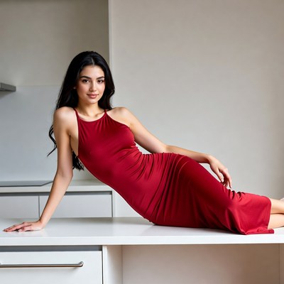 Woman in red dress on kitchen counter