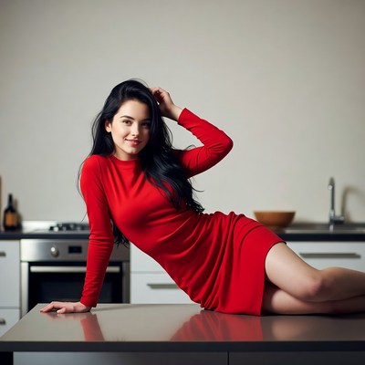 Woman in red dress on kitchen counter