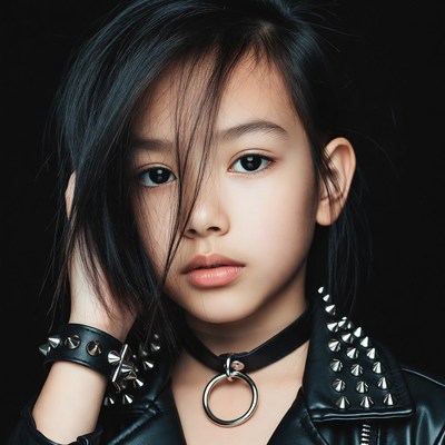 Asian girl in spiked leather jacket