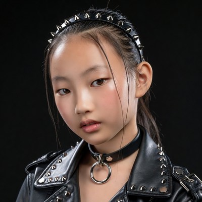 Asian girl in spiked leather outfit