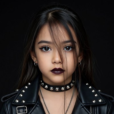 Asian girl in studded leather jacket