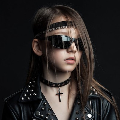 Girl in studded leather jacket and sunglasses