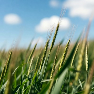 Green wheat field under blue sky