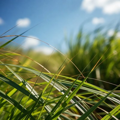 Green grass blades against blue sky