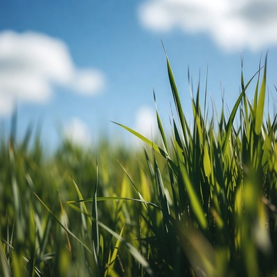 Green grass blades against blue sky