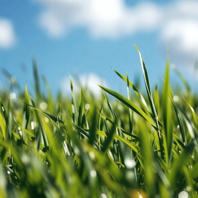 Dewy green grass blades under blue sky