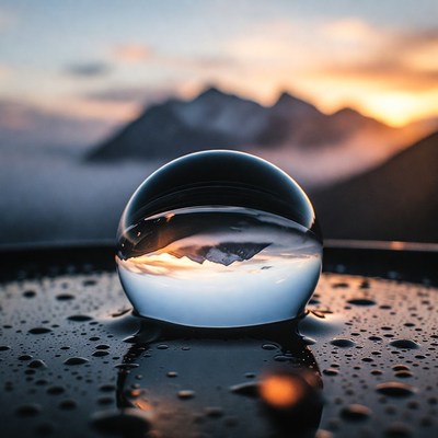 Glass sphere reflecting mountains sunset