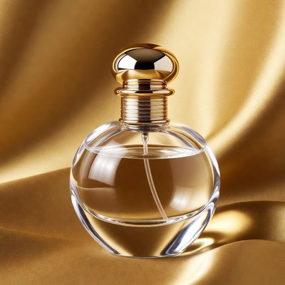 Gold perfume bottle on satin fabric
