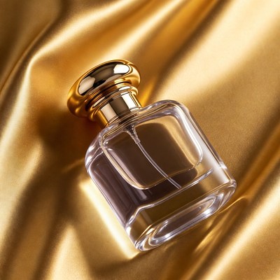 Perfume Bottle on Golden Fabric