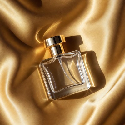 Perfume Bottle on Golden Fabric