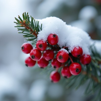 Snow-Covered Red Berries on Pine Branch