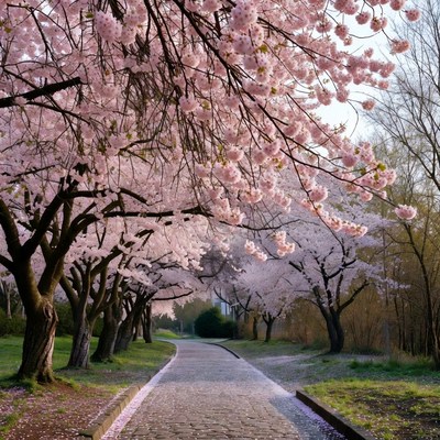 Cherry Blossom Trees Lining Cobblestone Path