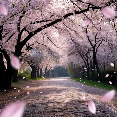 Cherry Blossom Path with Falling Petals
