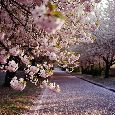 Cherry Blossom Path Cobblestone Road