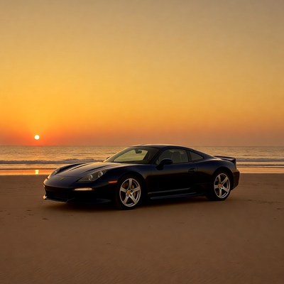 Black sports car on beach at sunset