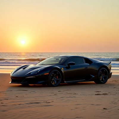 Black Lamborghini on Beach at Sunset