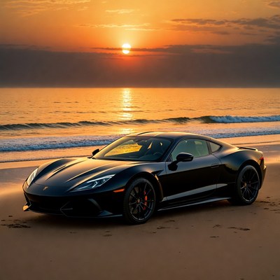 Black Supercar Parked on Beach at Sunset