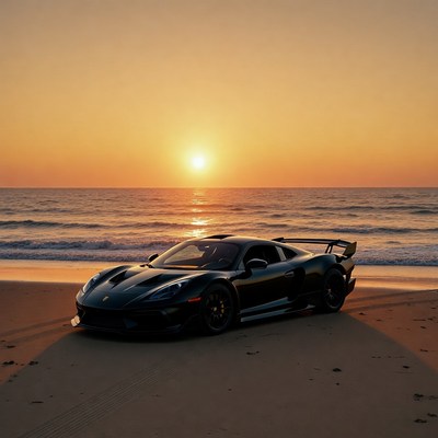 Black Lotus Evija Supercar on Beach Sunset