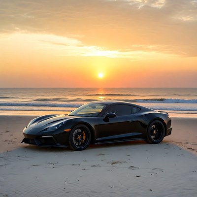 Black Supercar Parked on Beach at Sunset