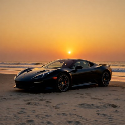 Black Ferrari on Beach at Sunset