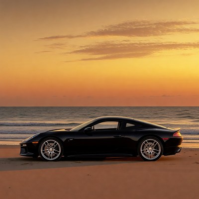 Black Porsche 918 Spyder on Beach Sunset
