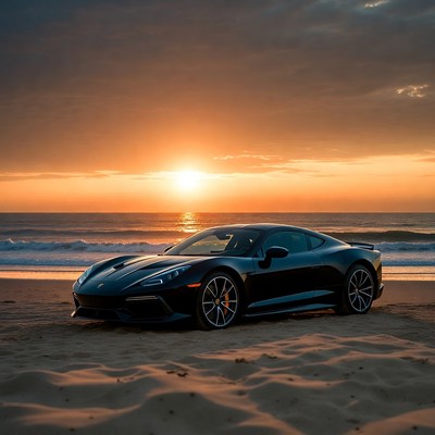 Black Supercar Parked on Beach at Sunset