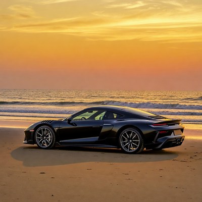 Black Porsche 911 on Beach Sunset
