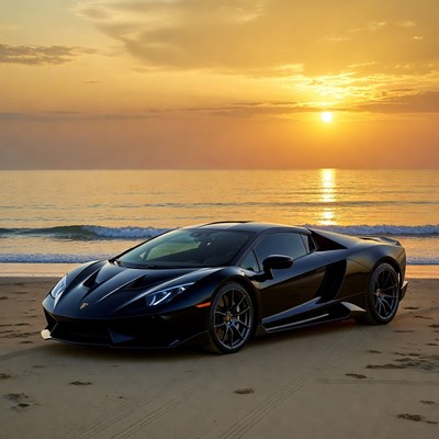 Black Lamborghini Aventador on Beach Sunset