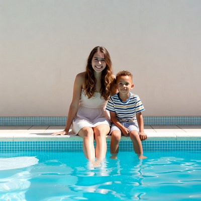 Mother and son sitting by pool