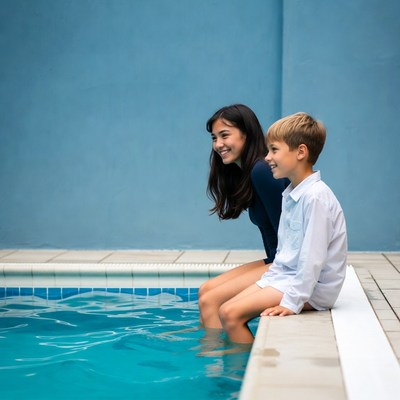 Sister and brother sitting by pool