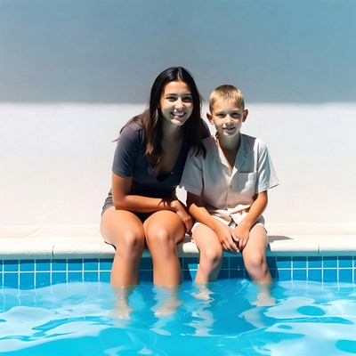 Smiling woman and boy sitting on pool edge
