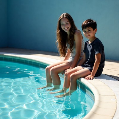 Girl and boy sitting on pool edge