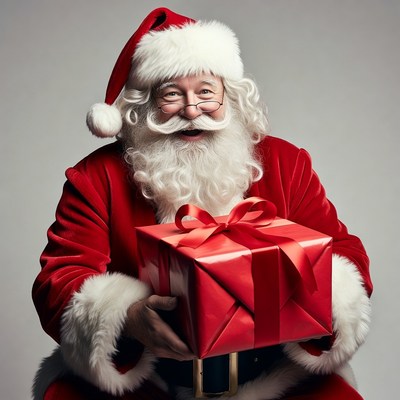 Smiling Santa Claus holding red gift