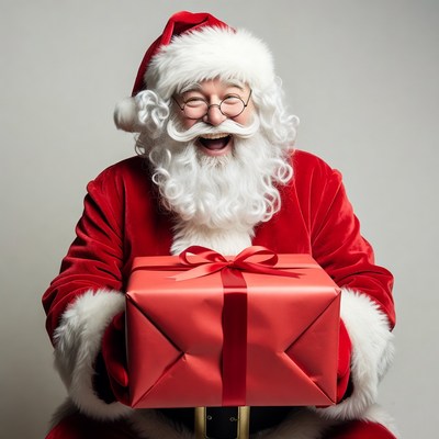Smiling Santa holding red gift