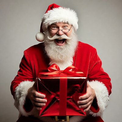 Santa Claus holding red gift box
