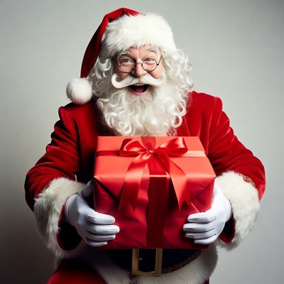 Smiling Santa holding red gift box