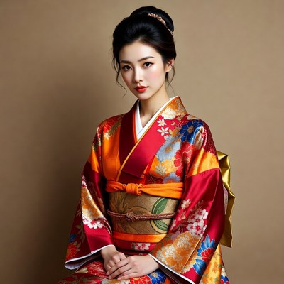 Asian woman in red kimono