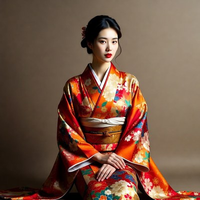 Asian woman in red kimono