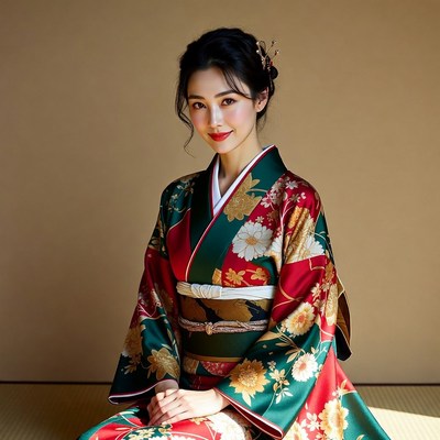 Asian woman in green kimono