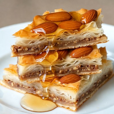Stack of Baklava with Honey and Almonds