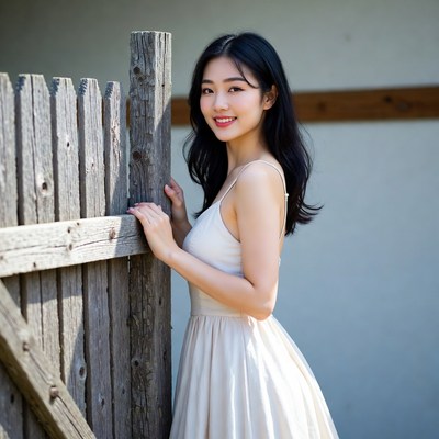 Asian woman leaning on wooden fence