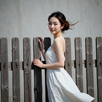 Asian woman leaning on wooden fence