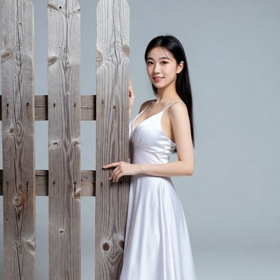 Asian woman leaning on wooden fence
