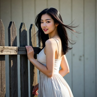 Asian woman leaning on wooden fence